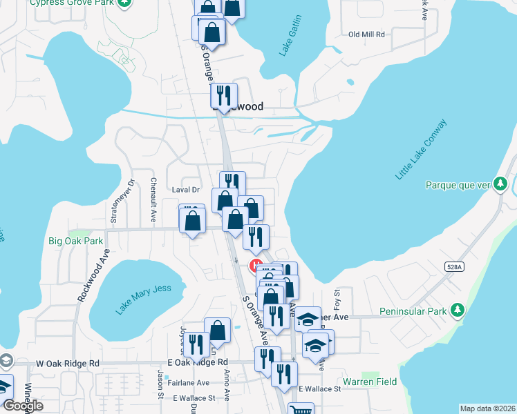 map of restaurants, bars, coffee shops, grocery stores, and more near 5365 Hansel Avenue in Orlando