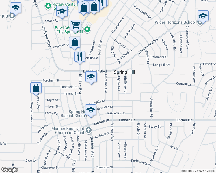map of restaurants, bars, coffee shops, grocery stores, and more near 3264 Montano Avenue in Spring Hill