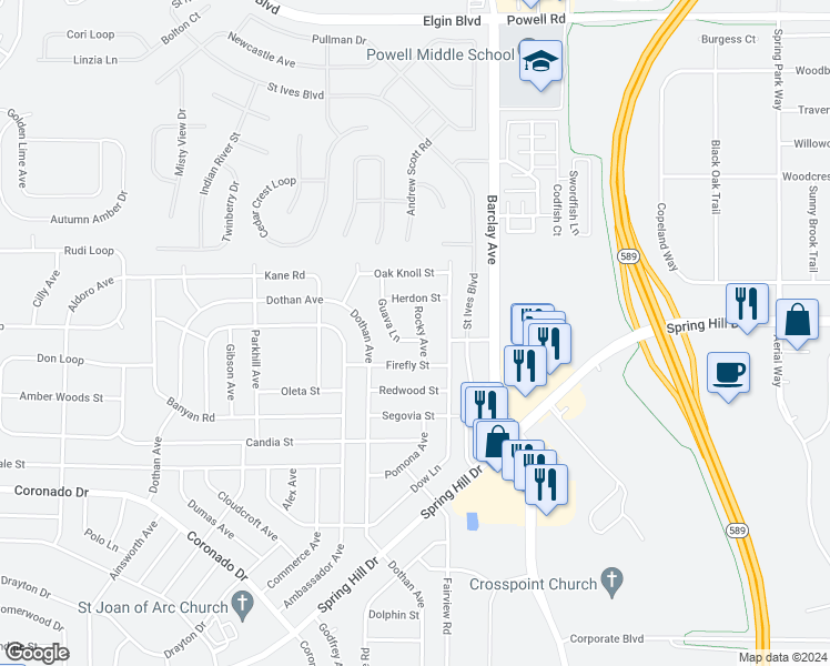 map of restaurants, bars, coffee shops, grocery stores, and more near 3267 Rocky Avenue in Spring Hill