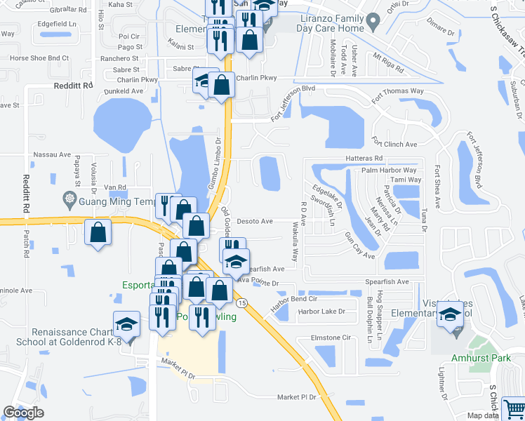 map of restaurants, bars, coffee shops, grocery stores, and more near 4505 South Goldenrod Road in Orlando