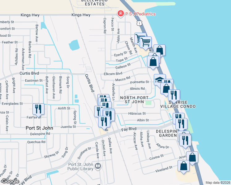 map of restaurants, bars, coffee shops, grocery stores, and more near 401 Arabella Lane in Cocoa
