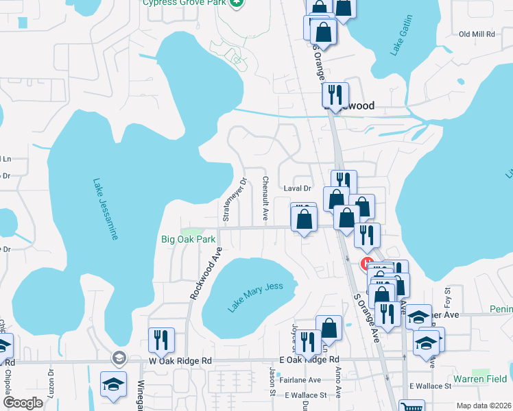 map of restaurants, bars, coffee shops, grocery stores, and more near 5305 Chenault Avenue in Orlando