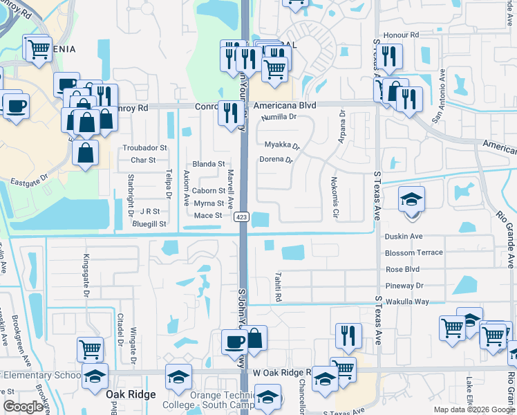 map of restaurants, bars, coffee shops, grocery stores, and more near 5468 Chapparrel Drive in Orlando