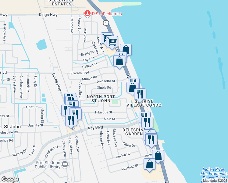 map of restaurants, bars, coffee shops, grocery stores, and more near 1052 Jersey Street in Cocoa