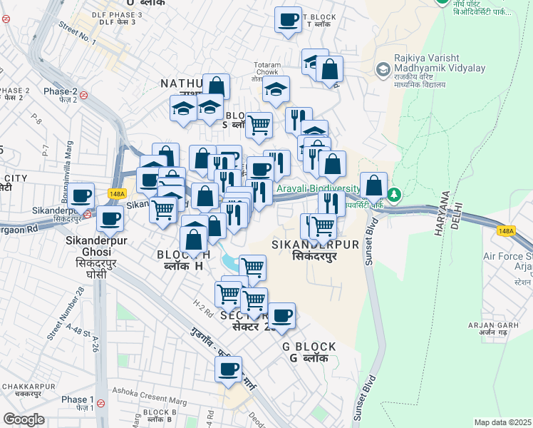 map of restaurants, bars, coffee shops, grocery stores, and more near Mehrauli-Gurgaon Road in Gurugram