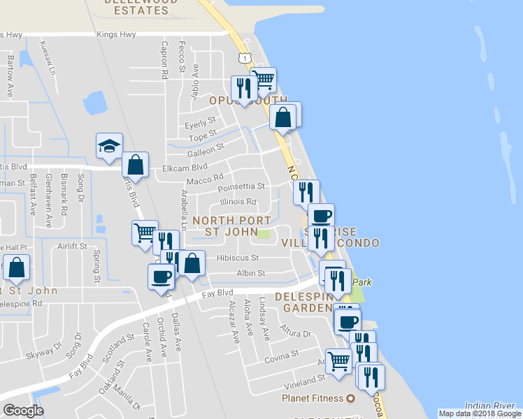 map of restaurants, bars, coffee shops, grocery stores, and more near 1052 Jersey Street in Cocoa
