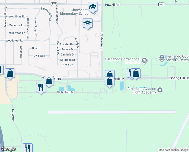 map of restaurants, bars, coffee shops, grocery stores, and more near 3339 California Street in Brooksville