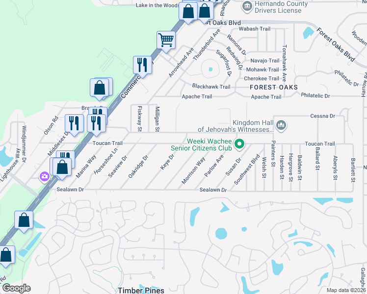 map of restaurants, bars, coffee shops, grocery stores, and more near 7261 Toucan Trail in Spring Hill