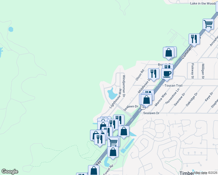 map of restaurants, bars, coffee shops, grocery stores, and more near Windjammer Drive in Spring Hill