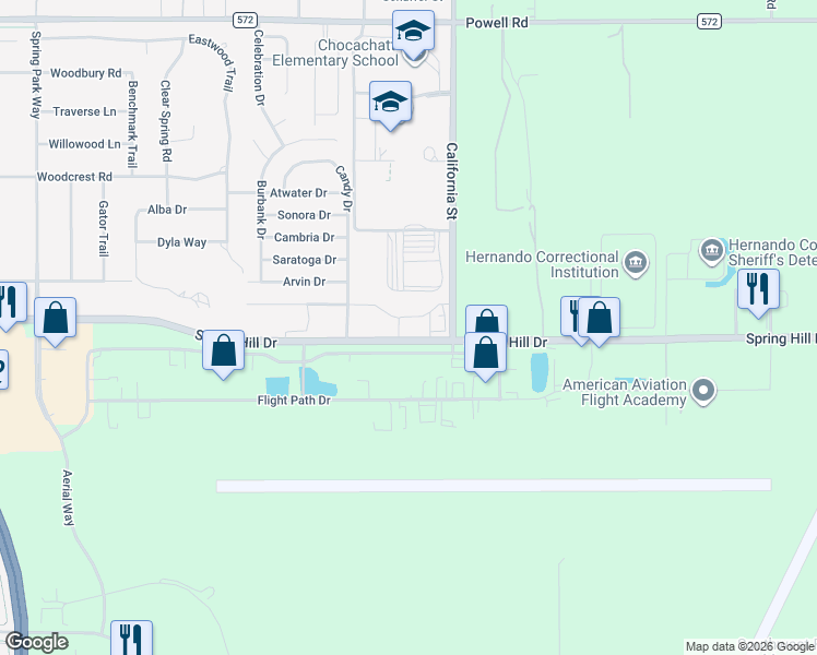 map of restaurants, bars, coffee shops, grocery stores, and more near 3339 California Street in Brooksville