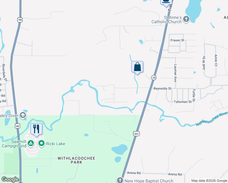 map of restaurants, bars, coffee shops, grocery stores, and more near 34151 Johnny B Road in Dade City