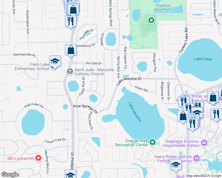 map of restaurants, bars, coffee shops, grocery stores, and more near 5660 Baybrook Avenue in Orlando
