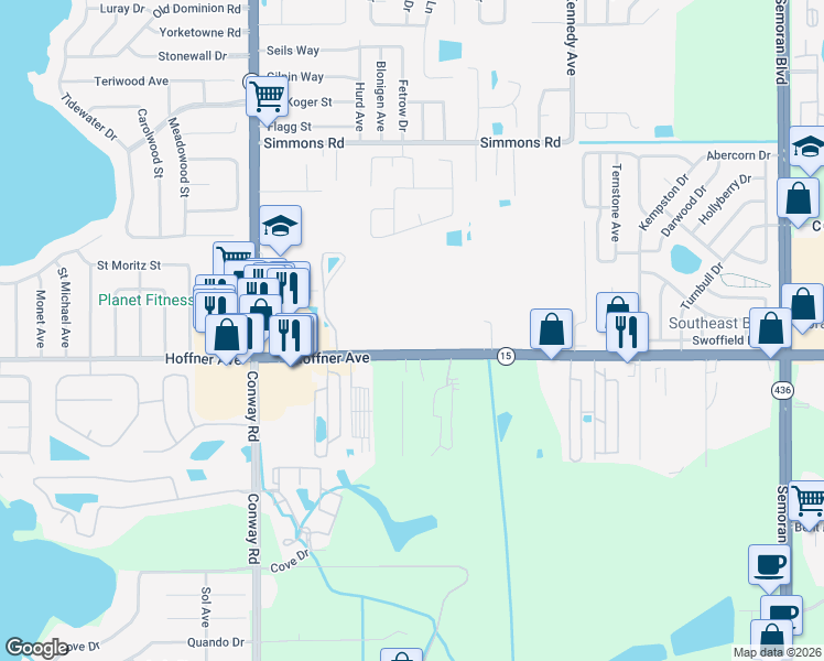 map of restaurants, bars, coffee shops, grocery stores, and more near 4809 Hoffner Avenue in Orlando