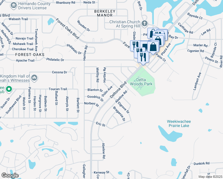 map of restaurants, bars, coffee shops, grocery stores, and more near 3328 Dolin Avenue in Spring Hill