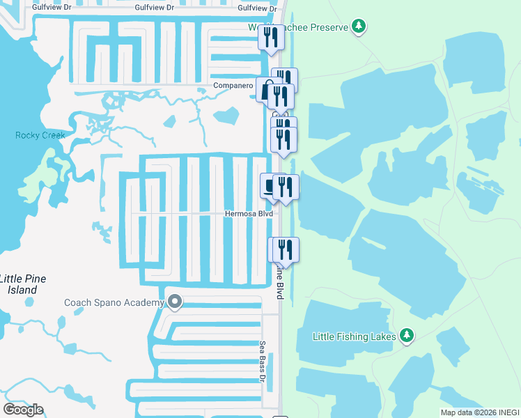 map of restaurants, bars, coffee shops, grocery stores, and more near 3332 Fernleaf Drive in Hernando Beach