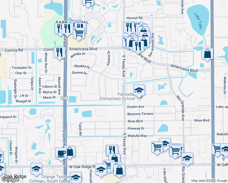 map of restaurants, bars, coffee shops, grocery stores, and more near 5424 Wauchula Court in Orlando