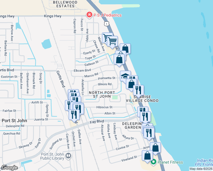 map of restaurants, bars, coffee shops, grocery stores, and more near 1026 Illinois Road in Cocoa