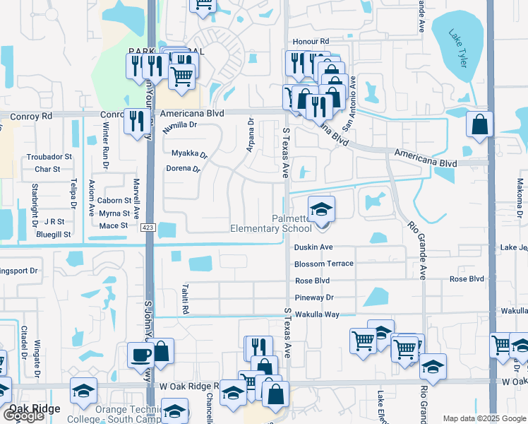 map of restaurants, bars, coffee shops, grocery stores, and more near 5424 Wauchula Court in Orlando