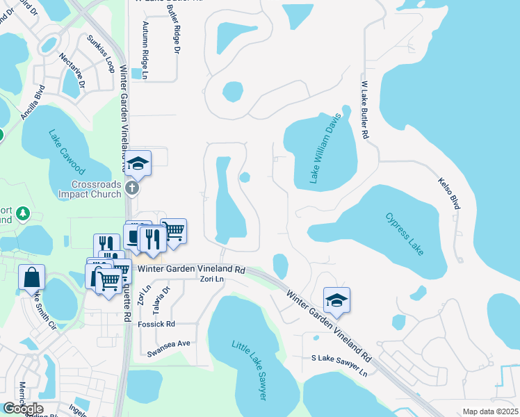 map of restaurants, bars, coffee shops, grocery stores, and more near 5819 Oxford Moor Boulevard in Windermere