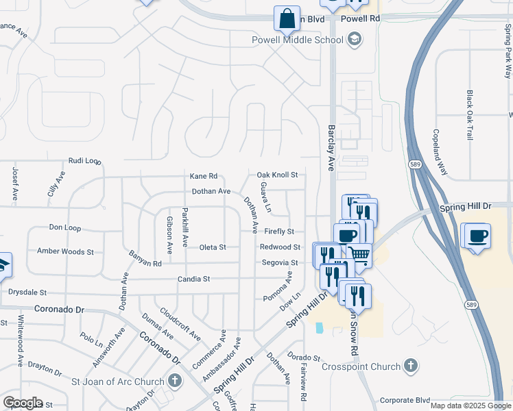 map of restaurants, bars, coffee shops, grocery stores, and more near 3300 Dothan Avenue in Spring Hill