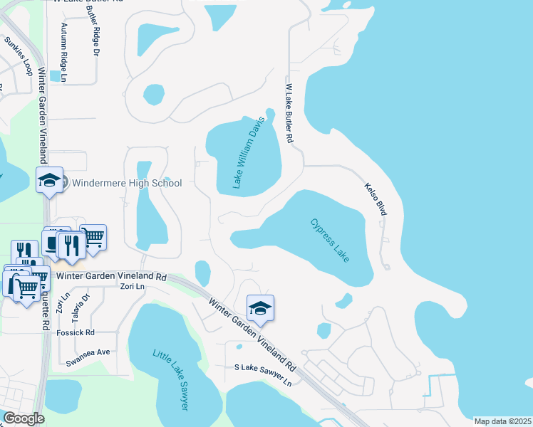 map of restaurants, bars, coffee shops, grocery stores, and more near 5731 West Lake Butler Road in Windermere