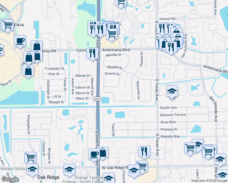 map of restaurants, bars, coffee shops, grocery stores, and more near 5543 Pendleton Drive in Orlando