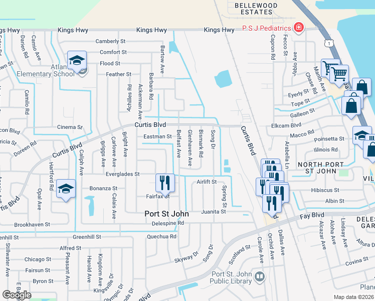 map of restaurants, bars, coffee shops, grocery stores, and more near 7000 Glenhaven Avenue in Cocoa