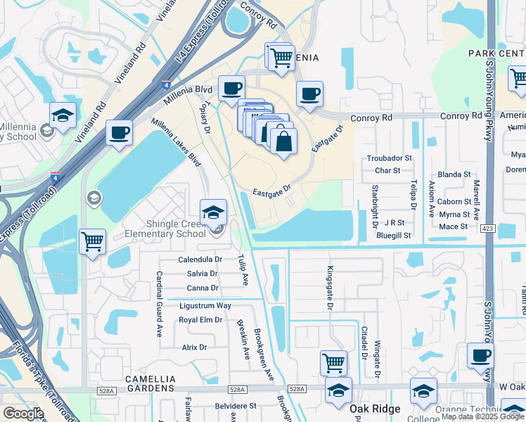 map of restaurants, bars, coffee shops, grocery stores, and more near 4206 Eastgate Drive in Orlando