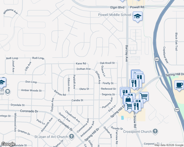 map of restaurants, bars, coffee shops, grocery stores, and more near 3304 Ambassador Avenue in Spring Hill