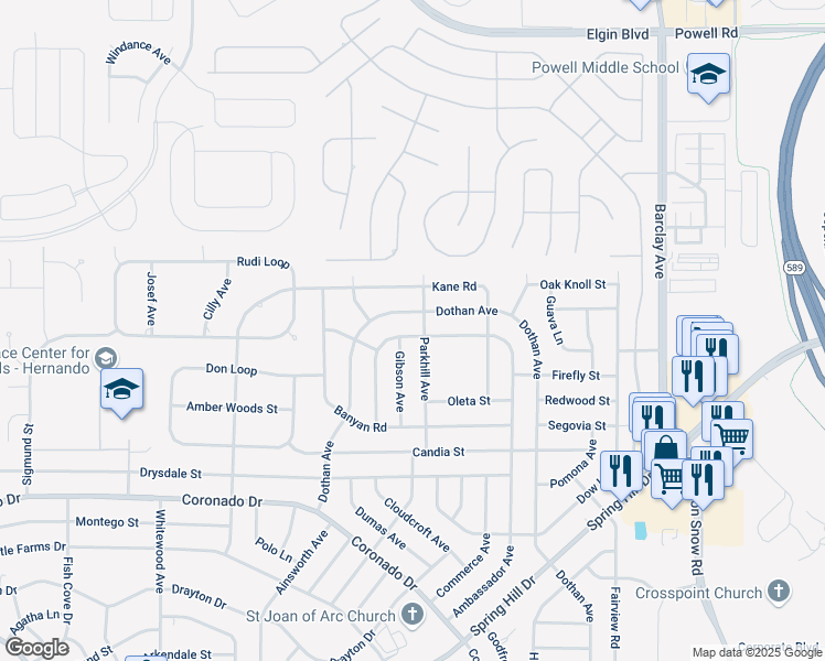 map of restaurants, bars, coffee shops, grocery stores, and more near 3439 Dothan Avenue in Spring Hill