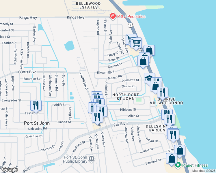 map of restaurants, bars, coffee shops, grocery stores, and more near 407 Arabella Lane in Cocoa