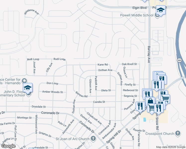 map of restaurants, bars, coffee shops, grocery stores, and more near 3392 Ambassador Avenue in Spring Hill