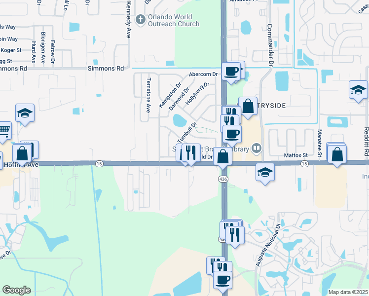 map of restaurants, bars, coffee shops, grocery stores, and more near 5102 Brockton Drive in Orlando