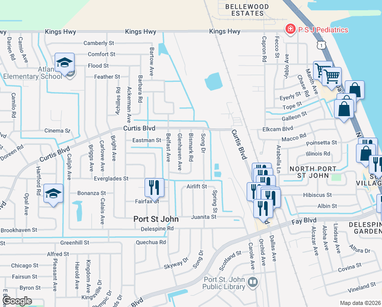 map of restaurants, bars, coffee shops, grocery stores, and more near Bismark Road in Port Saint John