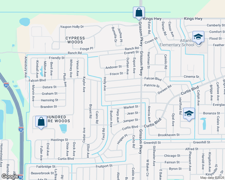 map of restaurants, bars, coffee shops, grocery stores, and more near 5155 Patricia Street in Cocoa