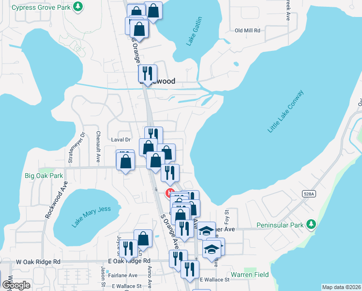 map of restaurants, bars, coffee shops, grocery stores, and more near 5345 Hansel Avenue in Edgewood