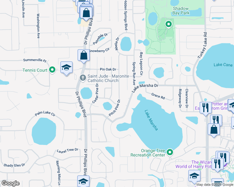 map of restaurants, bars, coffee shops, grocery stores, and more near 5656 Pitch Pine Drive in Orlando