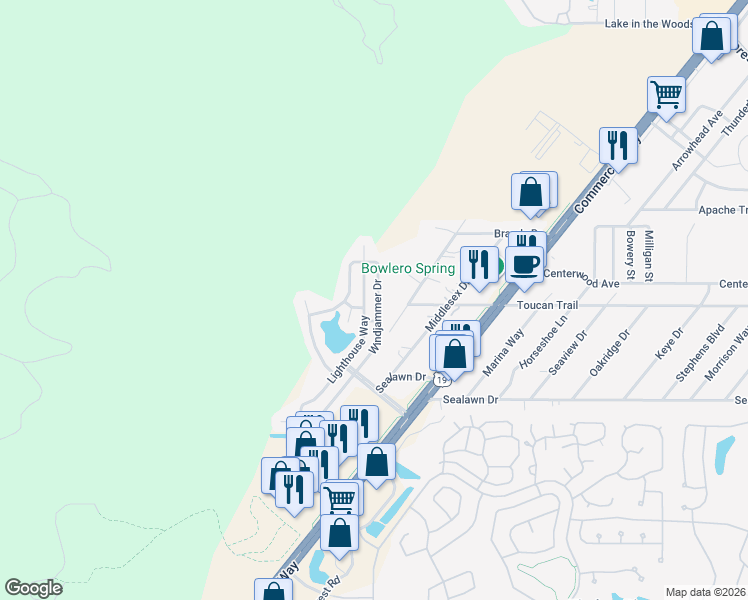 map of restaurants, bars, coffee shops, grocery stores, and more near 3291 Windjammer Drive in Spring Hill