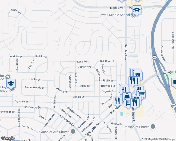 map of restaurants, bars, coffee shops, grocery stores, and more near 3304 Ambassador Avenue in Spring Hill