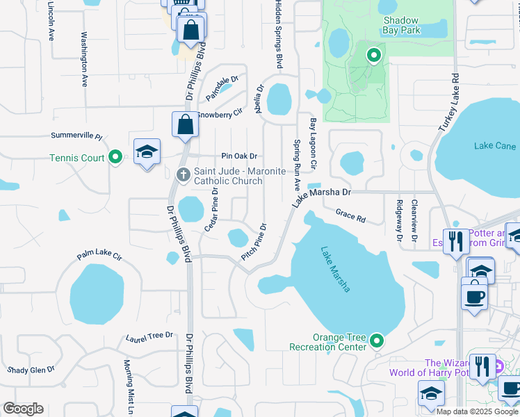 map of restaurants, bars, coffee shops, grocery stores, and more near 5656 Pitch Pine Drive in Orlando