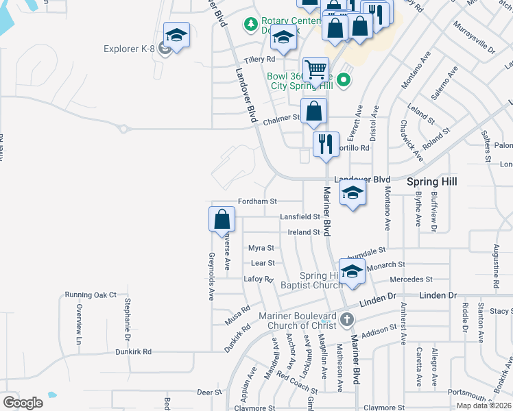 map of restaurants, bars, coffee shops, grocery stores, and more near 10376 Fordham Street in Spring Hill
