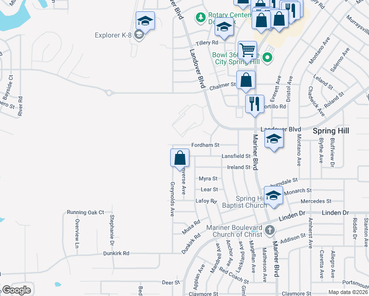 map of restaurants, bars, coffee shops, grocery stores, and more near 10328 Fordham Street in Spring Hill