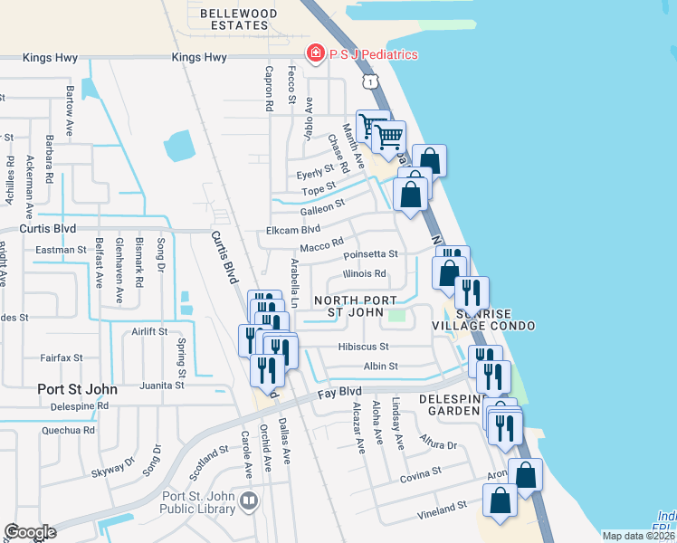map of restaurants, bars, coffee shops, grocery stores, and more near 1010 Illinois Road in Cocoa