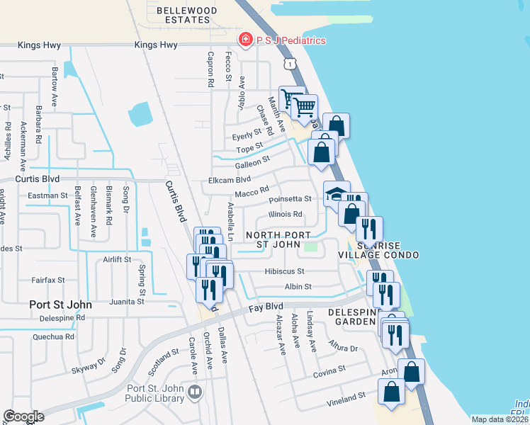 map of restaurants, bars, coffee shops, grocery stores, and more near 985 Poinsettia Street in Cocoa