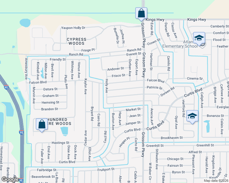 map of restaurants, bars, coffee shops, grocery stores, and more near 5165 Patricia Street in Cocoa