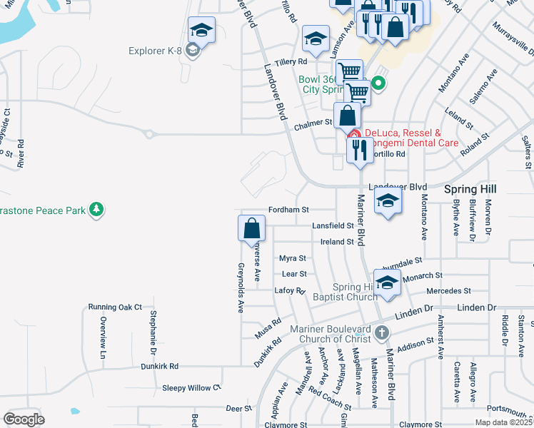 map of restaurants, bars, coffee shops, grocery stores, and more near 10336 Fordham Street in Spring Hill