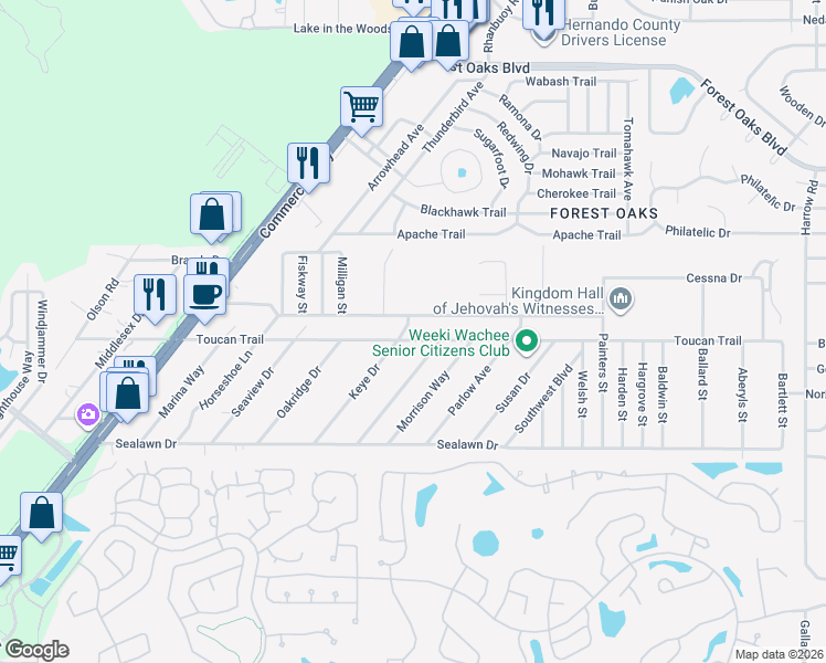 map of restaurants, bars, coffee shops, grocery stores, and more near 7261 Toucan Trail in Spring Hill