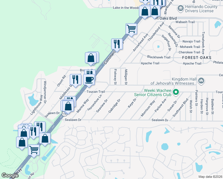 map of restaurants, bars, coffee shops, grocery stores, and more near 7093 Toucan Trail in Spring Hill