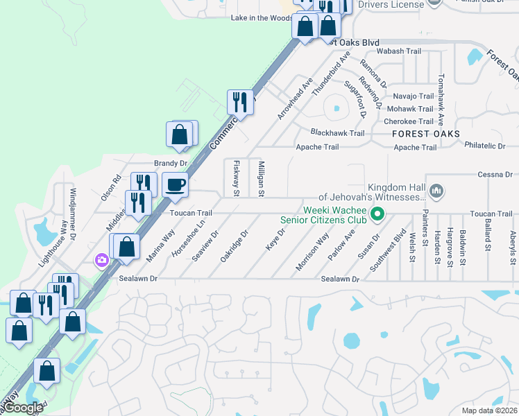 map of restaurants, bars, coffee shops, grocery stores, and more near 7169 Toucan Trail in Spring Hill