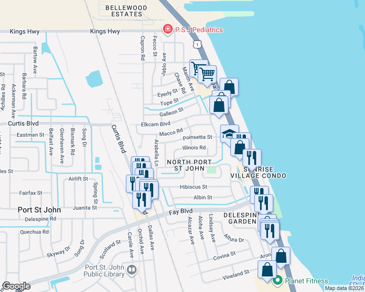 map of restaurants, bars, coffee shops, grocery stores, and more near 985 Poinsettia Street in Cocoa